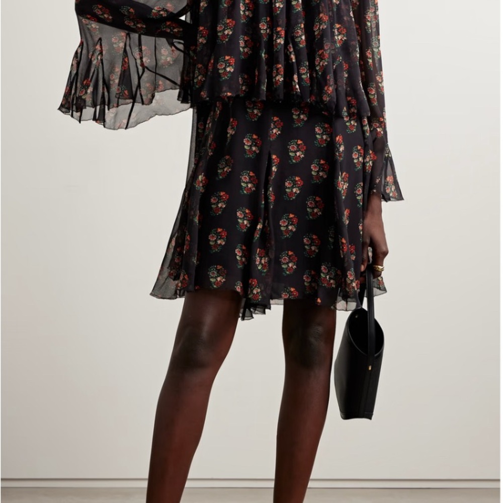 NWT DÔEN Alette Ruffled Tiered Floral-print Silk-georgette Mini Dress Black XL